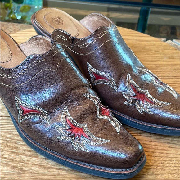 Ariat Shoes - Ariat Brown Leather Mules with Red Embroidery